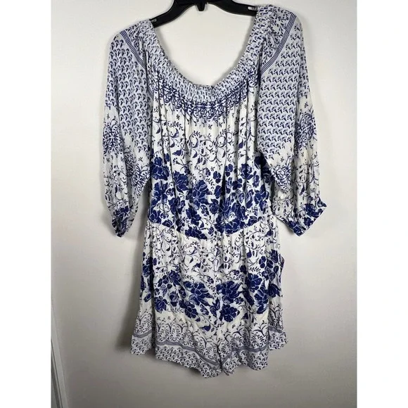 Anthropologie Clemente Blue Floral Off Shoulder Smocked Romper Jumpsuit Women M - Picture 6 of 16